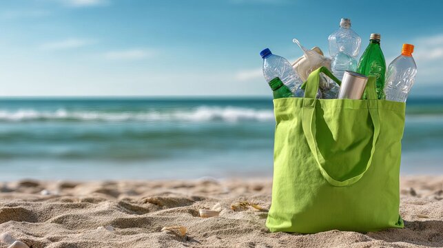 Green textile bag full of plastic bottles and cans on a sandy beach. Environment protection concept, plastic clean-up and recycling.