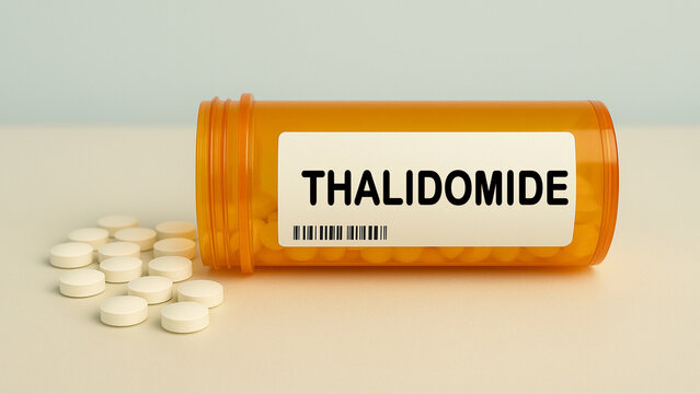 Box of THALIDOMIDE tablets on a hospital pharmacy table used to treat multiple myeloma an immunomodulatory drug.