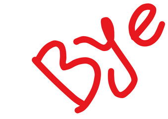 Handwritten red word bye in a playful script on a white background