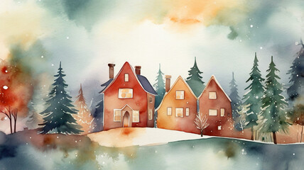 Watercolor illustration of winter village landscape. Space for text