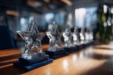 Close-up shot of crystal star awards lined on a wooden desk in modern office space, concept for recognition ceremonies, corporate awards and employee motivation