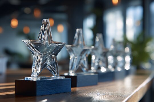 A row of crystal star trophies on a wooden surface with blurred background, concept for corporate recognition, outstanding achievement and company awards