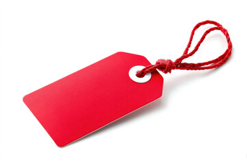 Bright red blank tag attached to a white string, isolated on a clean white background. A minimal, versatile label ready for custom text, logo, or price design.