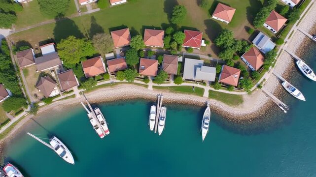 An aerial view of a harbor with boats and houses
