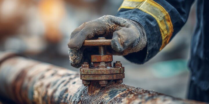 Gloved hand operates a valve on a weathered, rust-covered pipe system in an industrial setting. Concept for industrial maintenance, energy infrastructure and occupational safety