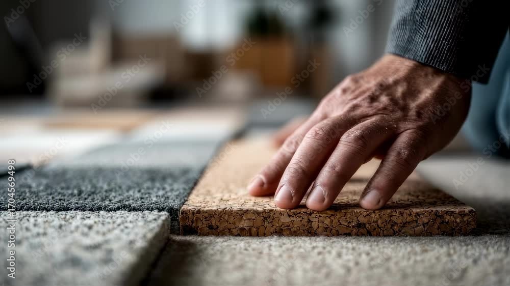 Poster detailed medium shot of hands pressing cork sound dampening tiles into place with sharp details on t