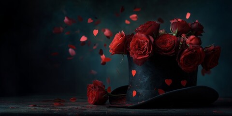 Roses in top hat adorned with hearts and heart-shaped confetti falling on dark surface, concept for romantic celebrations, Valentine's Day designs and love-themed artwork