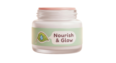 A small, white jar of "Nourish & Glow" skincare product with a green label featuring a leaf and water droplet illustration.