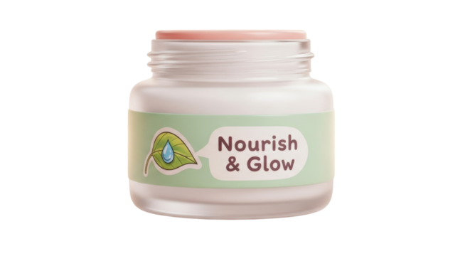 A small, white jar of "Nourish & Glow" skincare product with a green label featuring a leaf and water droplet illustration.