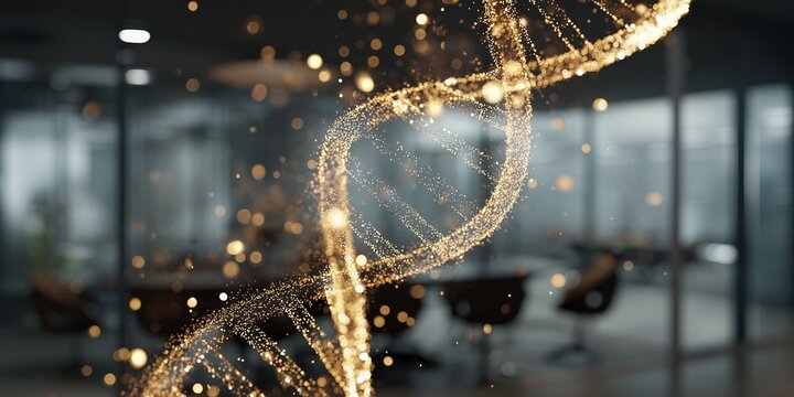 Golden sparkling DNA structure in blurred office environment with bokeh lights. Concept for genetic research, scientific visualization and biotechnology innovations