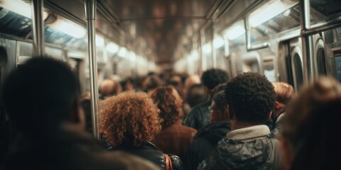 Crowded subway car with passengers during rush hour in a city, featuring stainless steel accents and overhead lighting, concept for urban lifestyle, public transportation and social issues