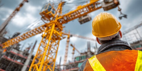 A construction worker wearing a yellow helmet observes the ongoing work with yellow cranes, concept for civil engineering, building construction and urban development