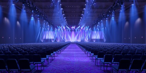 Large empty conference hall with rows of seats and stage illuminated by blue spotlights, concept for corporate event, business presentation and product launch event