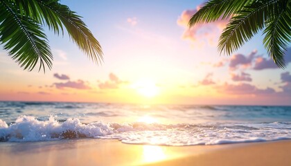 Tropical beach scene with palm leaves framing a vibrant sunrise over ocean waves gently washing onto golden sand