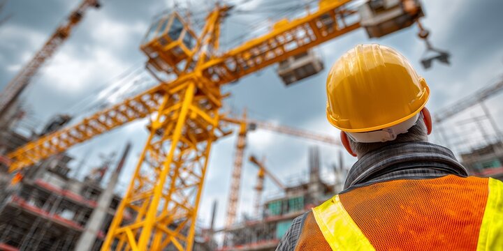 A construction worker wearing a yellow helmet observes the ongoing work with yellow cranes, concept for civil engineering, building construction and urban development
