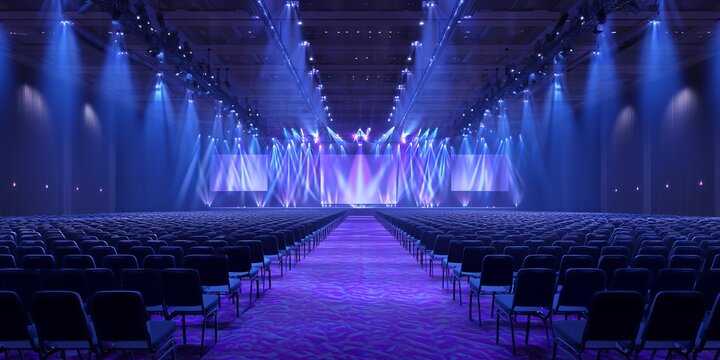 Large empty conference hall with rows of seats and stage illuminated by blue spotlights, concept for corporate event, business presentation and product launch event