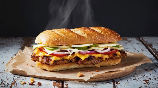 Frisches hei&szlig;es Sandwich mit K&auml;se und Gem&uuml;se auf rustikalem Tisch
