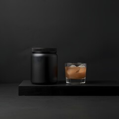 Minimalist composition of protein powder jar and glass of protein shake with ice cubes on dark background, fitness nutrition supplement, healthy lifestyle, and sports recovery drink concept