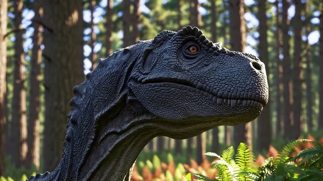Close-up of Allosaurus dinosaur head in prehistoric forest environment, large carnivorous theropod, 4K video, mp4, 5 seconds  

