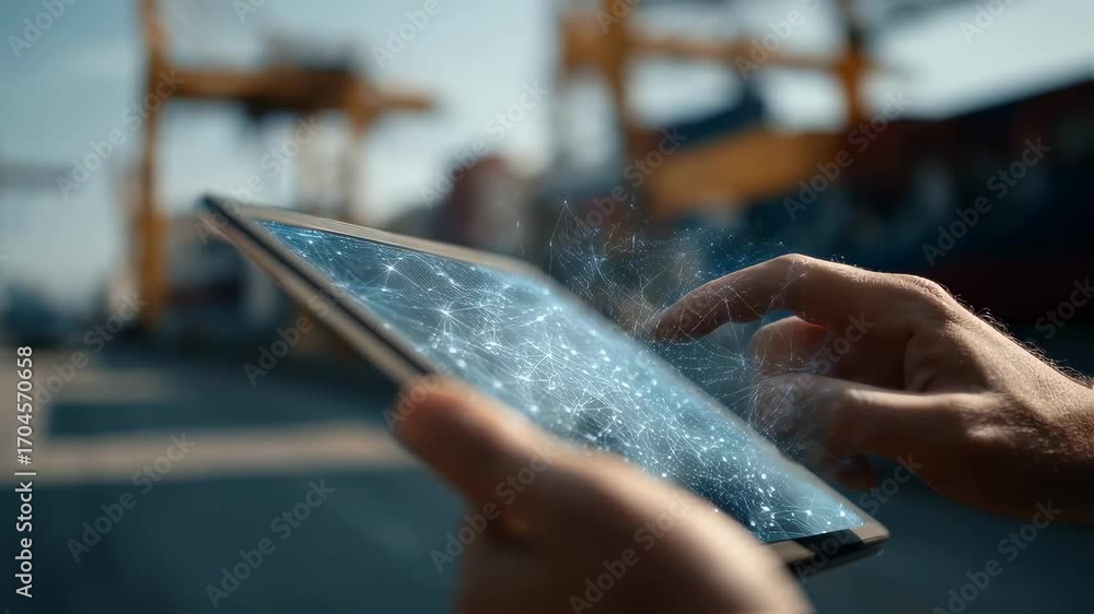 Poster close medium shot of a digital blockchain contract on a tablet bright and clear with a softly blurre