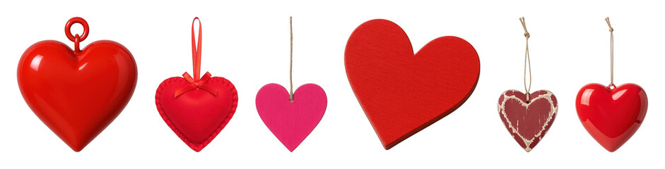 Obraz premium Red and pink heart decoration set including glossy, felt, wooden, and distressed styles isolated. Perfect for love, romance, and Valentine's Day designs.