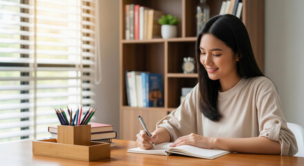 A smiling young Asian woman is writing in a notebook at her desk, surrounded by books and pencils. This image captures quiet productivity, studying, journaling, and creative work.

 