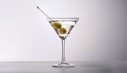 Crystal Clear Martini Glass With Two Green Olives And Bubbles Inside Elegant Minimalist Cocktail On White Background