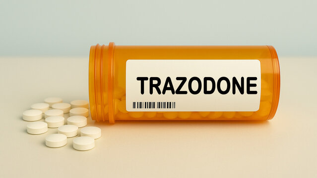 Box of TRAZODONE tablets on a hospital pharmacy table used to treat depression and insomnia an antidepressant.