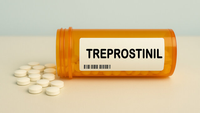 Box of TREPROSTINIL tablets on a hospital pharmacy table used to treat pulmonary arterial hypertension a prostacyclin analog.