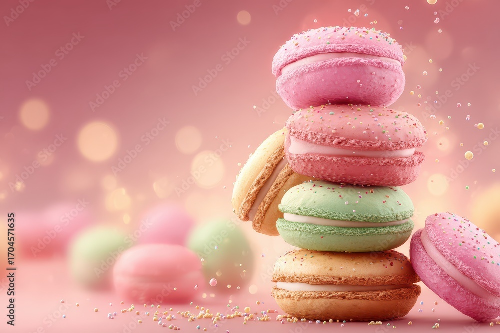 Poster a colorful stack of macarons on a pink background with bokeh lights, a delightful and tempting displ