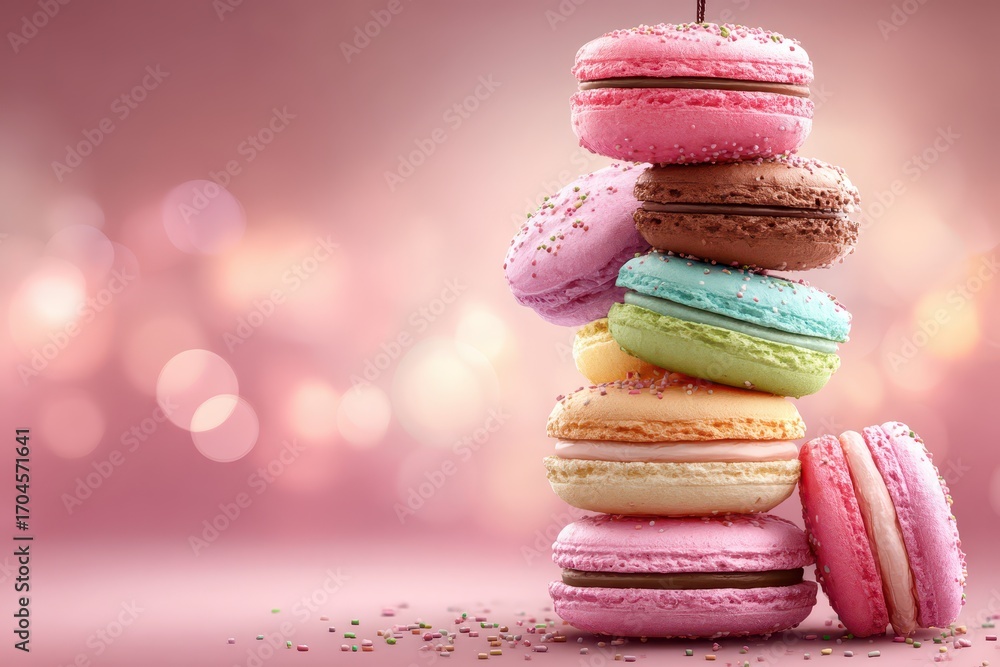 Poster a delightful tower of colorful macarons, stacked high against a bokeh-filled background, creating a 