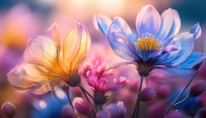 Obraz premium Colorful Abstract Flowers With Soft Petals In Shades Of Pink Blue And Yellow The Background Is Blurred Creating A Dreamy Effect