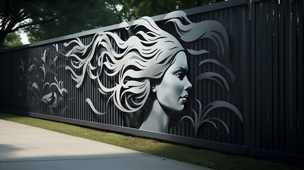 Sculpted serenity a fence adorned with a woman's flowing form in a modern landscape design