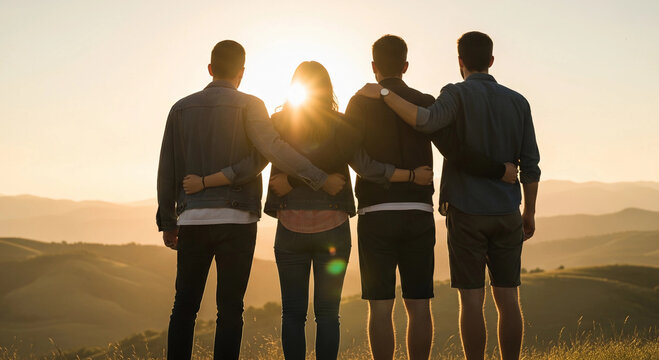 Four friends embrace, looking at a beautiful sunset over mountains. Friendship, togetherness, adventure, travel, and nature concepts.
