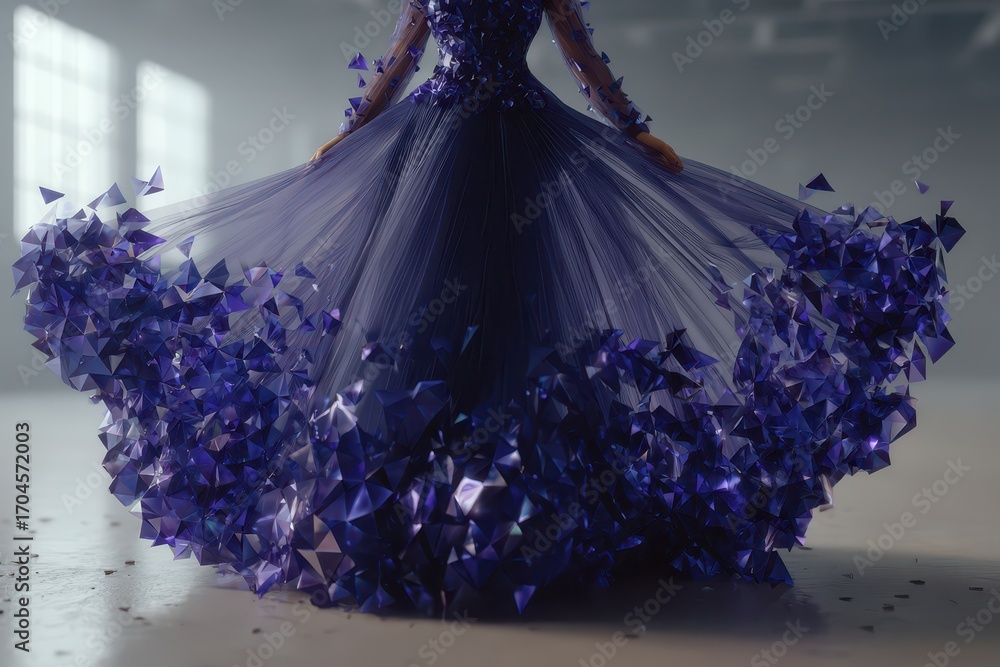 Poster an elaborate and striking purple gown adorned with gem-like crystalline structures, creating a surre