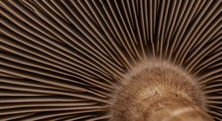Detailed macro shot of the gills of a brown mushroom.