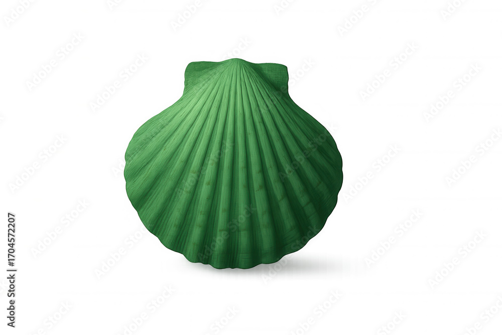 Poster green scallop shell resting on clear surface, showcasing delicate ribbed pattern and soft shadowing 