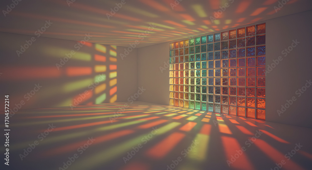 Poster an empty white room filled with colorful light and shadows cast from a stained glass window. an abst