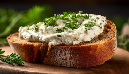 Close Up Of Rustic Bread Slice With Savory Spread And Herbs