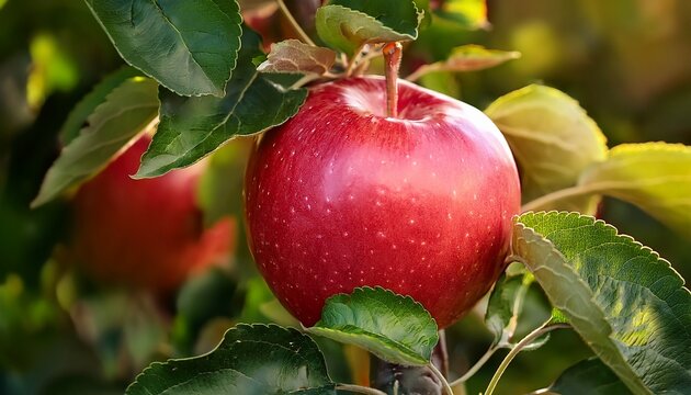 Close Up Of A Red Apple Surrounded By Dense Green Apple Tree Foliage