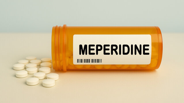 Box of MEPERIDINE tablets on a hospital pharmacy table used to treat moderate to severe pain an opioid analgesic.