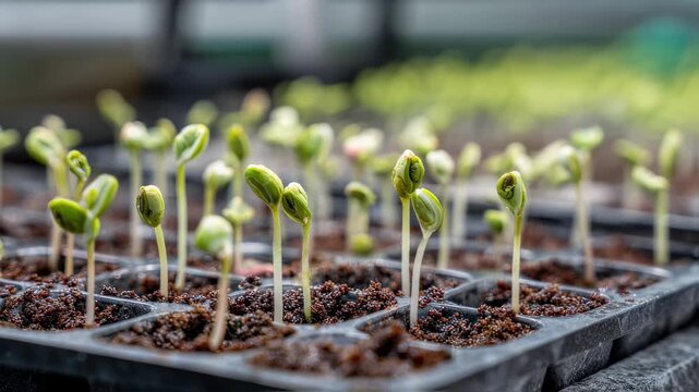 Medium shot of bean germination in seedling trays with clear detail on emerging shoots the background softly blurred to underscore precise cultivation techniques.