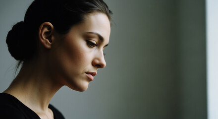 A contemplative woman, with hair pulled back and a soft expression, gazes downward, a quiet moment of introspection and peaceful solitude in a naturally lit room.