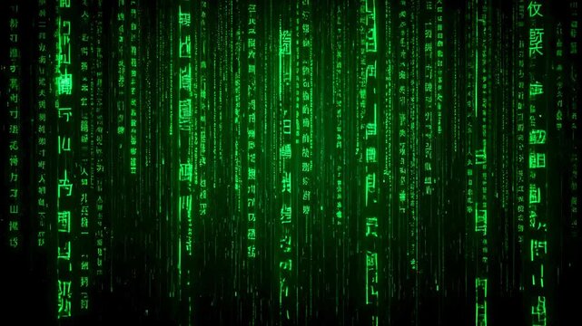 Loopable tech background: Green digital rain of Japanese characters and binary code creating a futuristic, technological and mysterious atmosphere, resembling the Matrix movie style