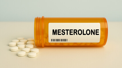 Box of MESTEROLONE tablets on a hospital pharmacy table used to treat low testosterone a synthetic...