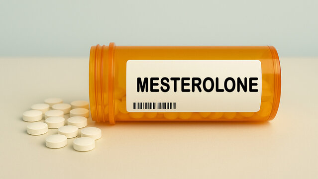 Box of MESTEROLONE tablets on a hospital pharmacy table used to treat low testosterone a synthetic androgen.