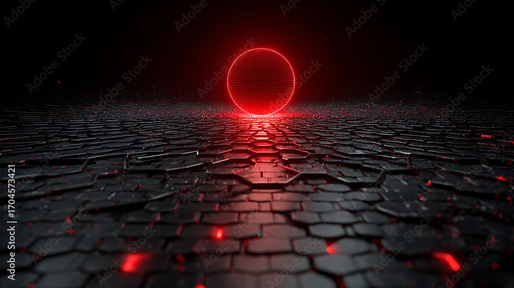 Poster a futuristic sci-fi scene with a glowing red neon ring hovering over a reflective, hexagonal floor. 