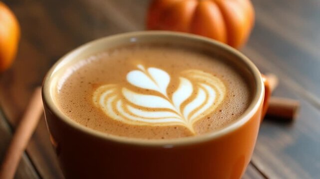 Adding cinnamon spice Pumpkin spiced latte morning warming coffee. Fall Drinks for Halloween Thanksgiving Holiday beverage Autumn spicy cinnamon flavor seasonal hot drinking in cozy orange cup. Atmosp