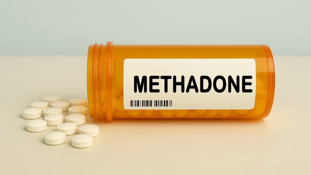 Box of METHADONE tablets on a hospital pharmacy table used to treat pain and opioid dependence an opioid analgesic.