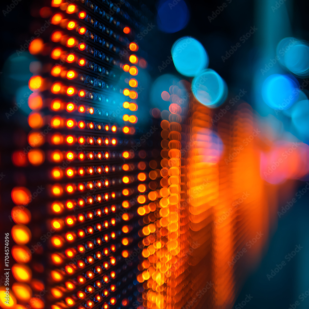Poster a close-up, abstract view of a vibrant orange led screen with a shallow depth of field. a technology